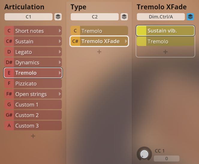 Screenshot of the Studio Solo Strings virtual instrument interface showing articulation selection for tremolo and tremolo crossfade, with options for sustain vibrato.