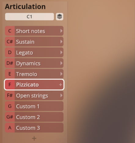 Studio Solo Strings articulation options showing Pizzicato selected among Short notes, Sustain, Legato, Dynamics, Tremolo, Open strings, and Custom settings.