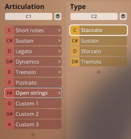 Studio Solo Strings software interface with Articulation and Type menus, showing options like Staccato, Sustain, Legato, Tremolo, Pizzicato, and Open strings for musical instrument sound control.