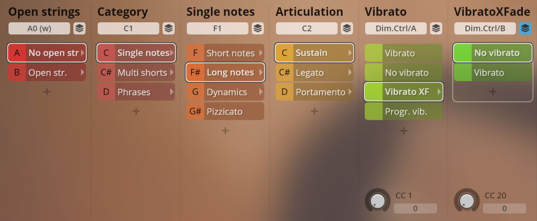 User interface for Studio Solo Strings, displaying options for open strings (no open, open), categories (single notes, multi shorts, phrases), single notes (short, long, dynamics, pizzicato), articulations (sustain, legato, portamento), vibrato (vibrato, no vibrato, vibrato XF, progressive vibrato), and vibrato crossfade (no vibrato, vibrato).