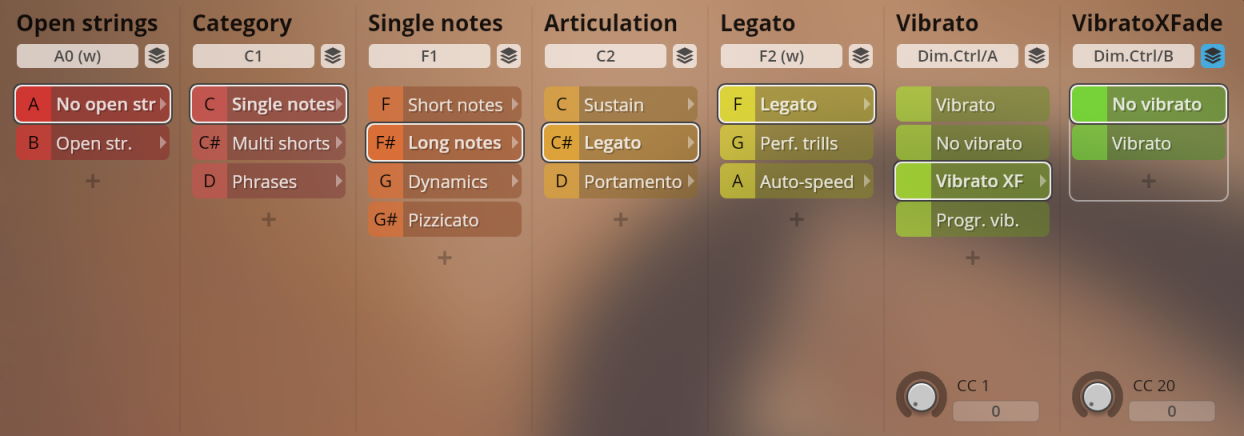 Music software interface displaying options for solo string instruments, including articulations like legato, vibrato, pizzicato, and control knobs for effects, within a DAW or Kontakt type interface.
