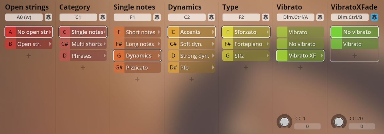 User interface of the Studio Solo Strings virtual instrument showing instrument articulation and performance options including open strings, categories, note types, dynamics, and vibrato controls.