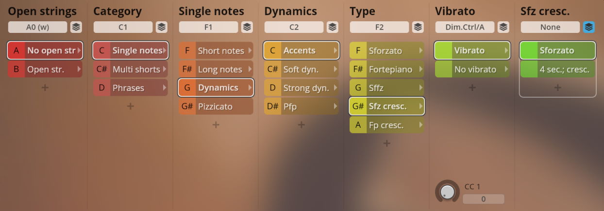 User interface displaying sound parameters and articulations for orchestral string instruments, including options for open strings, single notes, dynamics, vibrato, and crescendos, optimized for Studio Solo Strings musical libraries.