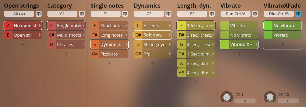 Graphic user interface displaying categorized options for solo string instruments, including open strings, note categories, dynamics, note length and dynamics, vibrato settings, and vibrato crossfade.