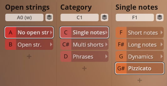 User interface showing category and note selection options for Studio Solo Strings, including open strings, single notes, multi shorts, phrases, short notes, long notes, dynamics, and pizzicato.