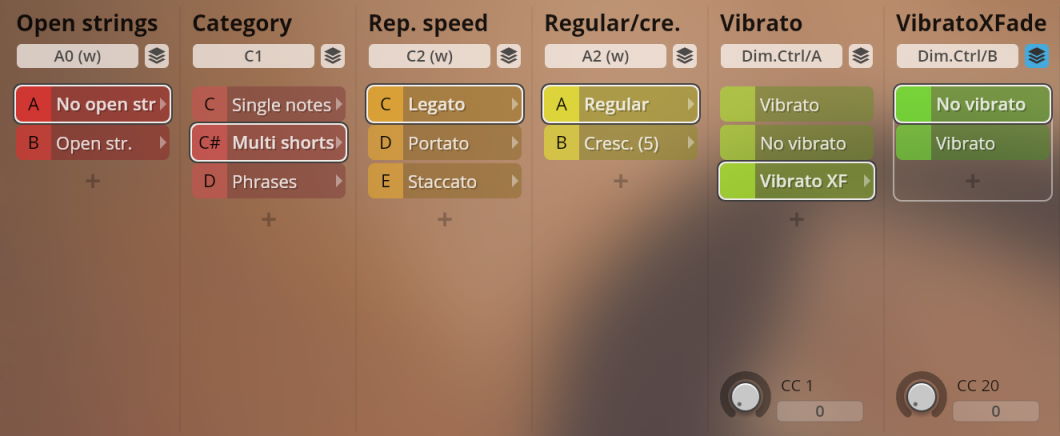 A user interface image displaying categories for solo string instrument sounds including open strings, note types, performance speed (legato, portato, staccato), regular/crescendo, and vibrato controls.