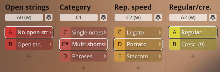 User interface for Solo Strings instrument selection, showing categories for open strings, note types (single, multi shorts, phrases), repetition speed (legato, portato, staccato), and regular or crescendo dynamics.