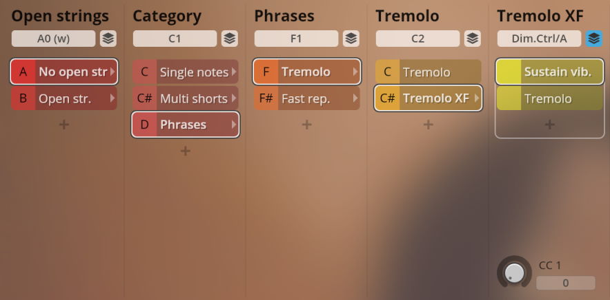 Studio Solo Strings interface showing categories for Open strings, Phrasing, Tremolo, and Tremolo XF, with options for single notes, multi shorts, fast repetitions, sustain vibrato, and more for orchestral solo instruments.