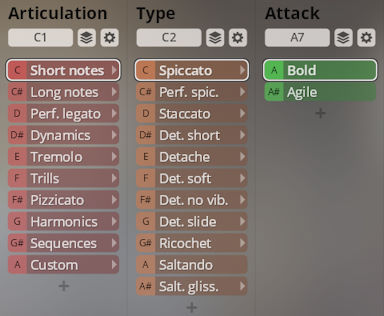 Screenshot of the Synchron Solo Strings virtual instrument interface showing articulation, type, and attack menus with options like short notes, spiccato, and bold selected.