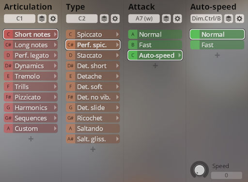 Vienna Symphonic Library (VSL) Synchron Solo Strings instrument interface showing Articulation, Type, Attack, and Auto-speed controls for detailed sound customization.