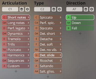 Vienna Symphonic Library Synchron Solo Strings interface showing articulation, type, and direction settings for musical performance.