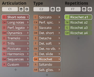 Screenshot of the Synchron Solo Strings user interface displaying selectable articulation, type, and repetitions parameters, including options like Short notes, Ricochet, and Staccato.
