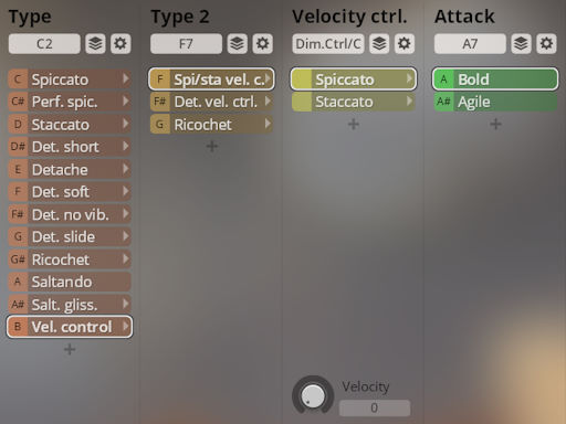 Synchron Solo Strings interface showing velocity control and articulation options like spiccato, staccato, bold, and agile.