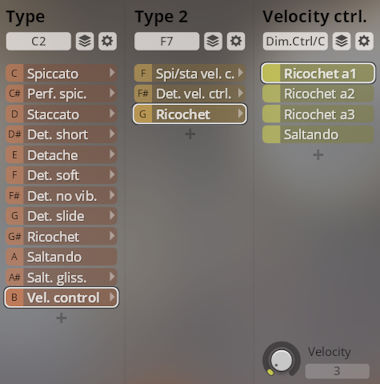 Screenshot of Vienna Symphonic Library Synchron Solo Strings interface showing instrument articulations like Spiccato, Staccato, Detache, Ricochet, and Saltando, with velocity control settings.