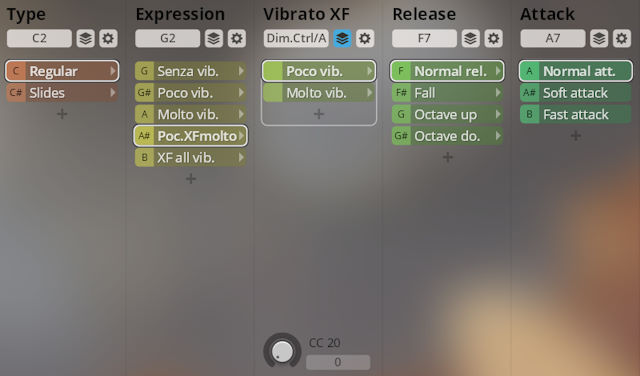 Screenshot of the Synchron Solo Strings virtual instrument interface showing Type, Expression, Vibrato XF, Release, and Attack parameters with selectable musical articulations for detailed sound control.