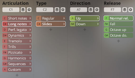 Vienna Symphonic Library Synchron Solo Strings interface showing Articulation, Type, Direction, and Release options for virtual instrument parameters.