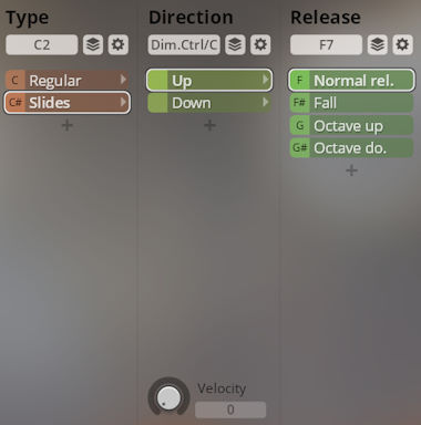 A screenshot of the Synchron Solo Strings instrument interface, displaying Type, Direction, and Release settings. The Type section shows Regular and Slides options, Direction has Up and Down, and Release includes Normal rel., Fall, Octave up, and Octave do. selections.