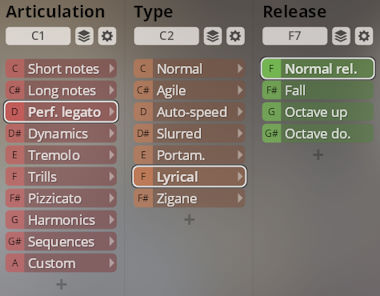 User interface demonstrating articulation, type, and release settings for Vienna Symphonic Library Synchron Solo Strings software, displaying options like Perfect Legato, Lyrical, and Normal Release.