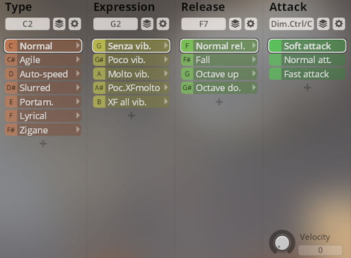 Vienna Symphonic Library Synchron Instruments user interface showing Type, Expression, Release, and Attack controls with various options for musical performance parameters.