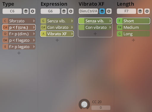 Screenshot of the Synchron Solo Strings virtual instrument interface showing Type, Expression, Vibrato XF, and Length parameters with active settings for various articulations and musical dynamics for Vienna Symphonic Library.