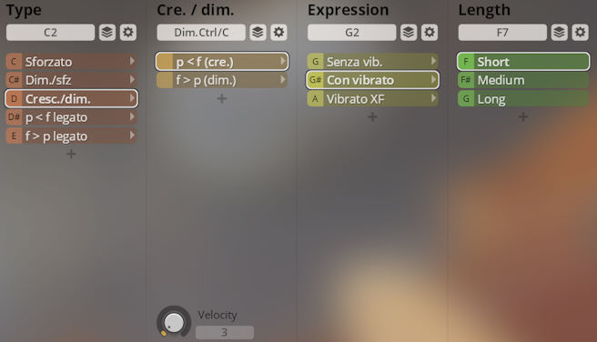 Interface displaying Synchron Solo Strings instrument parameters: Type, Cre./dim., Expression, and Length sections with options like Cresc./dim., Con vibrato, and Short.