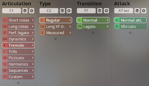 Vienna Symphonic Library Synchron Solo Strings interface showing Articulation, Type, Transition, and Attack settings with Tremolo selected.