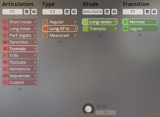 Vienna Symphonic Library Synchron Solo Strings interface showing Articulation Type XFade and Transition settings with Tremolo selected