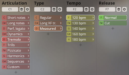 Vienna Symphonic Library Synchron Solo Strings articulation, type, tempo, and release settings interface, showing options like tremolo, measured, 120 bpm, and normal release.