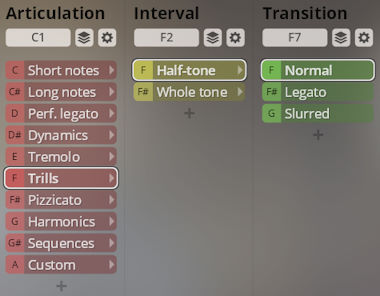 User interface showing articulation, interval, and transition settings for Vienna Synchron Solo Strings, including options like Trills, Half-tone, and Normal.
