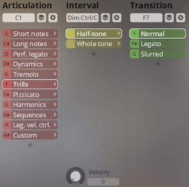 Vienna Symphonic Library Synchron Solo Strings software interface showing Articulation, Interval, and Transition settings for musical instrument samples.