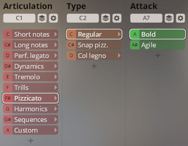 Screenshot of the Synchron Solo Strings user interface displaying selectable articulations, types, and attack parameters, including Pizzicato, Bold, and Agile options, for VSL virtual instruments.