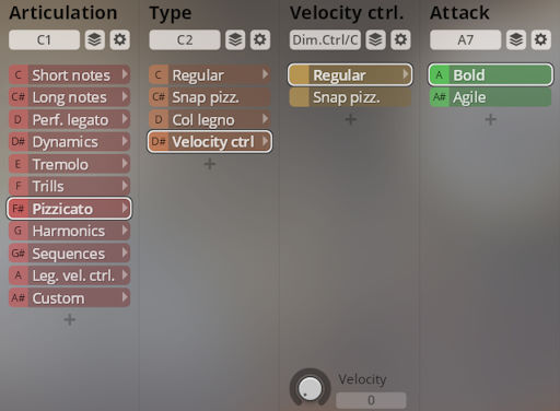 Vienna Symphonic Library Synchron Solo Strings interface showing Pizzicato articulation, Velocity ctrl Regular, and Attack Bold settings.