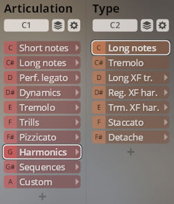 User interface for Vienna Symphonic Library Synchron Solo Strings showing articulation and type selection menus with options like short notes, long notes, legato, tremolo, pizzicato, harmonics, and staccato.