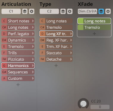 Screenshot of the Vienna Symphonic Library Synchron Solo Strings software interface showing articulation, type, and XFade settings for musical instrument sounds.