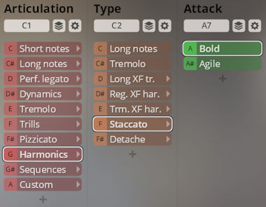 Vienna Symphonic Library Synchron Solo Strings articulation, type, and attack controls showing musical parameter options like short notes, staccato, and bold.
