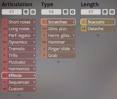 Screenshot of the Vienna Symphonic Library Synchron Solo Strings interface showing Articulation, Type, and Length menus with selected options.
