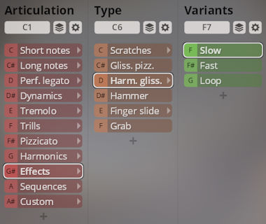 Vienna Symphonic Library Synchron Solo Strings interface showing articulation, type, and variant selections for musical instrument sound manipulation.