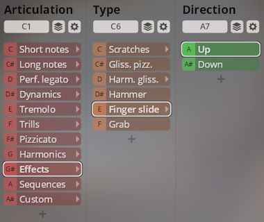 Vienna Symphonic Library Synchron Solo Strings articulation and sound type selection interface.