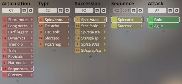 Vienna Symphonic Library Synchron instrument interface showing articulation, type, succession, sequence, and attack options for string instruments, including spiccato and staccato.