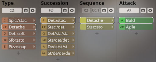 Vienna Symphonic Library Synchron Player interface showing Type, Succession, Sequence, and Attack parameters for solo strings, with Detache highlighted.