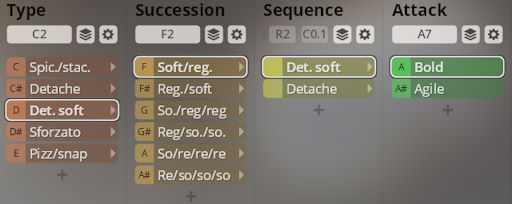 Vienna Symphonic Library Synchron Solo Strings interface showing interactive controls for Type, Succession, Sequence, and Attack parameters for musical instrument sounds.