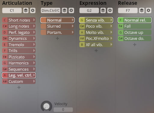 Synchron Solo Strings graphical user interface showing Articulation, Type, Expression, and Release parameters with various selectable options like Legato, Pizzicato, Vibrato, and Velocity control.