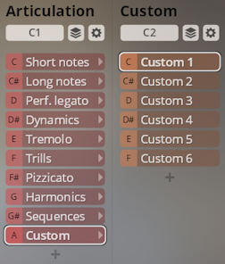 Vienna Symphonic Library Synchron Solo Strings articulation and custom mapping interface, showing options like short notes, long notes, legato, dynamics, tremolo, trills, pizzicato, harmonics, and user-defined custom settings.