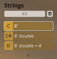 Screenshot of a digital audio workstation interface showing Strings instrument settings with C1 selected, displaying options for C 8', C# 8' double, and D 8' double + 4'.