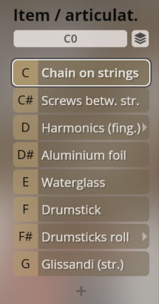 Studio Special Keyboards articulation menu showing unique sound options like Chain on strings, Screws between strings, Harmonics, Aluminium foil, Waterglass, Drumstick, Drumsticks roll, and Glissandi.