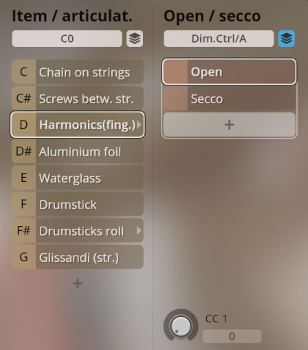 User interface for Vienna Symphonic Library Studio Special Keyboards virtual instrument showing articulation selection (Harmonics, Aluminium foil, Waterglass, Drumstick, Glissandi) and Open/Secco settings.