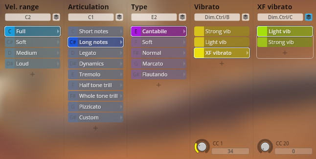 User interface for Vienna Symphonic Library Synchron Strings I instrument settings showing velocity range, articulation options like long notes, type including cantabile, and vibrato controls with light and strong vibrato selections.