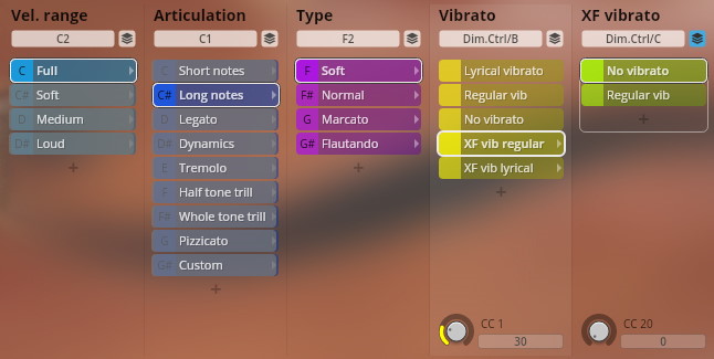 Vienna Symphonic Library Synchron Instruments interface showing controls for Vel. range, Articulation, Type, Vibrato, and XF vibrato, with Long notes, Soft, and XF vib regular options selected.