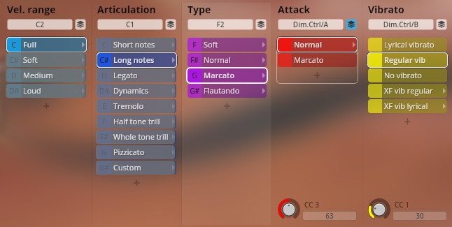 User interface for Vienna Symphonic Library Synchron Strings I, showing velocity range, articulation, type, attack, and vibrato musical parameters with selectable options like Long notes and Regular vib.