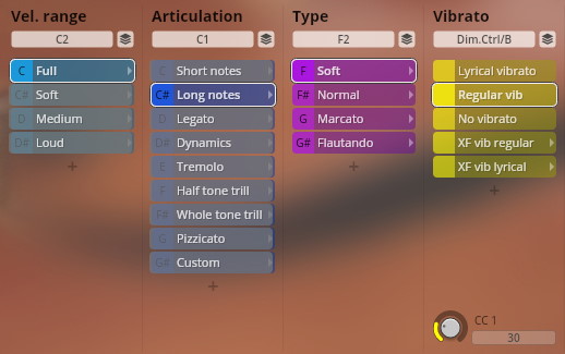 Software interface showing Vienna Symphonic Library Synchron Strings I settings for velocity range, articulation (Long notes selected), type (Soft selected), and vibrato (Regular vib selected).